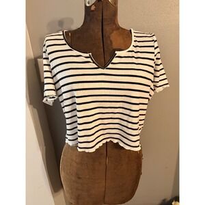 SHEIN CURVE Black White Stripe V-Neck Cropped Ribbed T Shirt‎ Top Plus Size 2XL